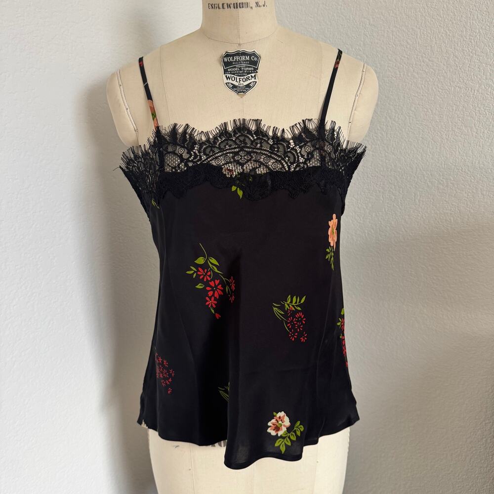 Gold Hawk | NWOT 100% Silk Black Floral Tank Top with Eyelash Lace size Small - Picture 7 of 10